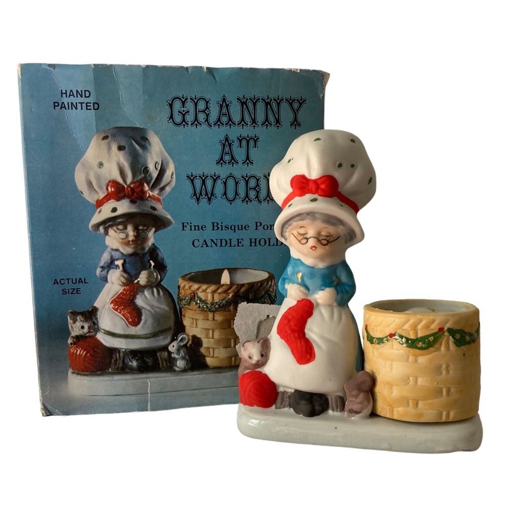Vtg Jasco 1978 Granny At Work Handpainted Bisque Figure Candle Holder.